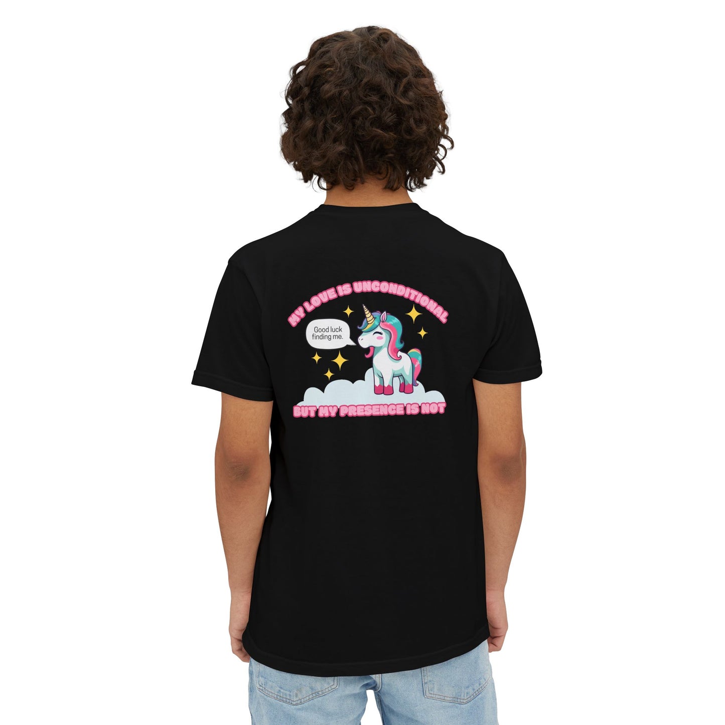 "My Love is Unconditional"- Unisex Pocket T-Shirt,  Positive Vibes/Unicorn Design