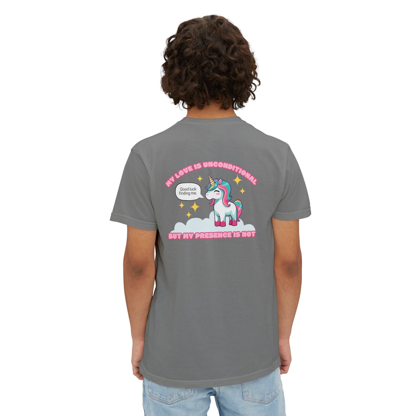 "My Love is Unconditional"- Unisex Pocket T-Shirt,  Positive Vibes/Unicorn Design