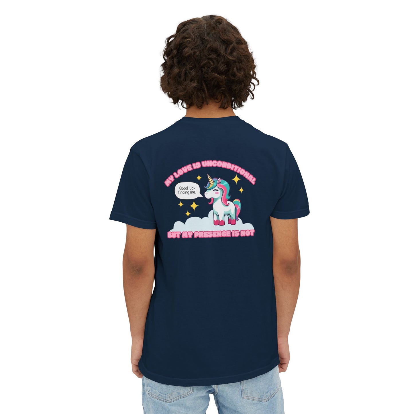 "My Love is Unconditional"- Unisex Pocket T-Shirt,  Positive Vibes/Unicorn Design