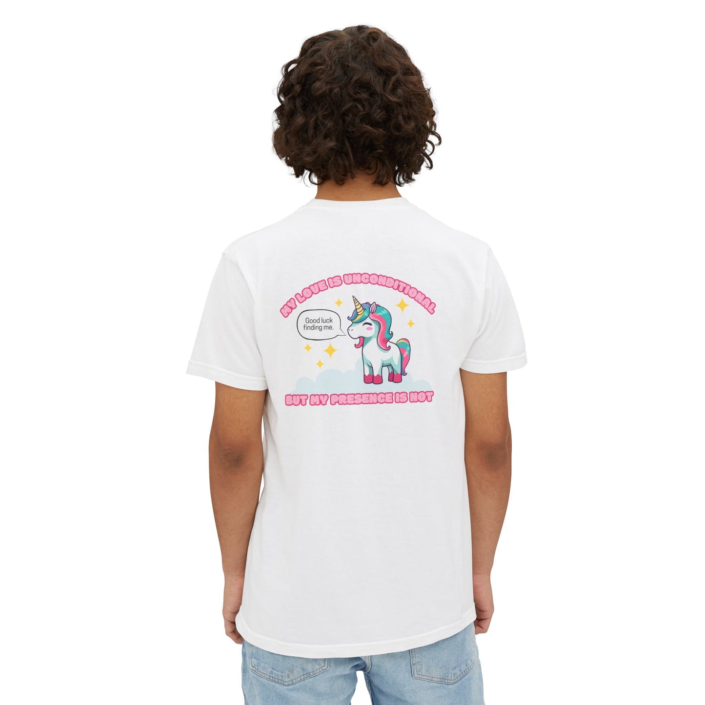 "My Love is Unconditional"- Unisex Pocket T-Shirt,  Positive Vibes/Unicorn Design
